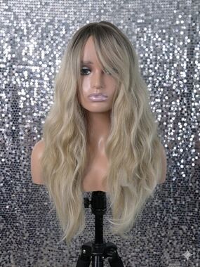 Blonde Long Wavy Women's Wig with Curtain Bangs